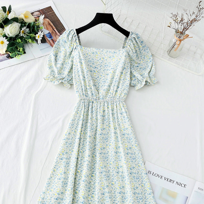 Line shoulder square neck bubble sleeve waist narrow skirt  3738