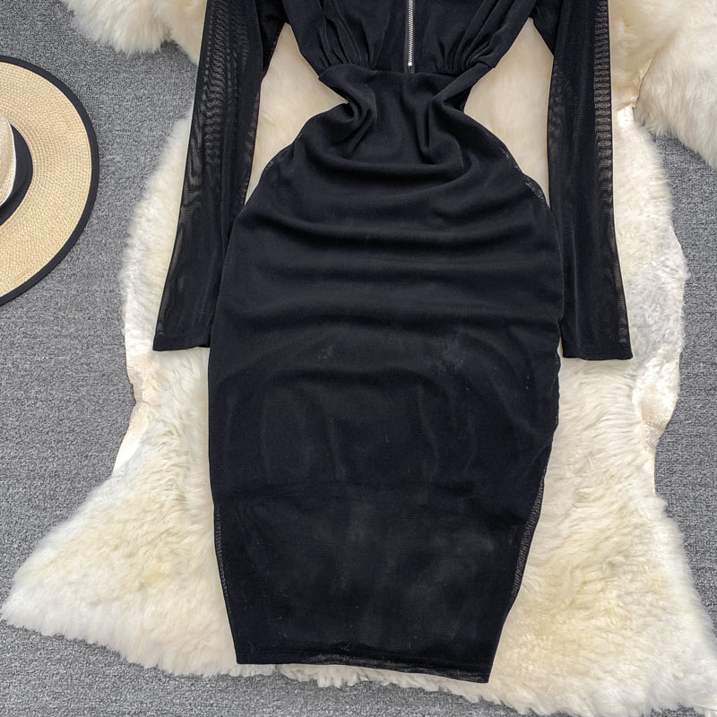 Sexy Kleid 3788 mit Reißverschluss an der Hüfte und langen Ärmeln mit V-Ausschnitt im Hongkong-Stil