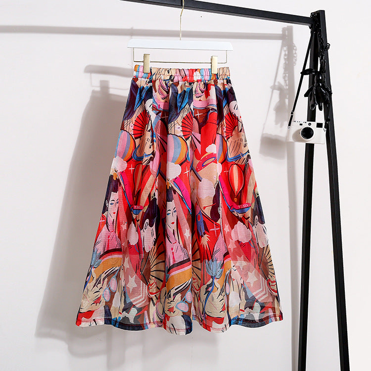 New skirt, silver print beauty, high waist long A-line skirt  3689