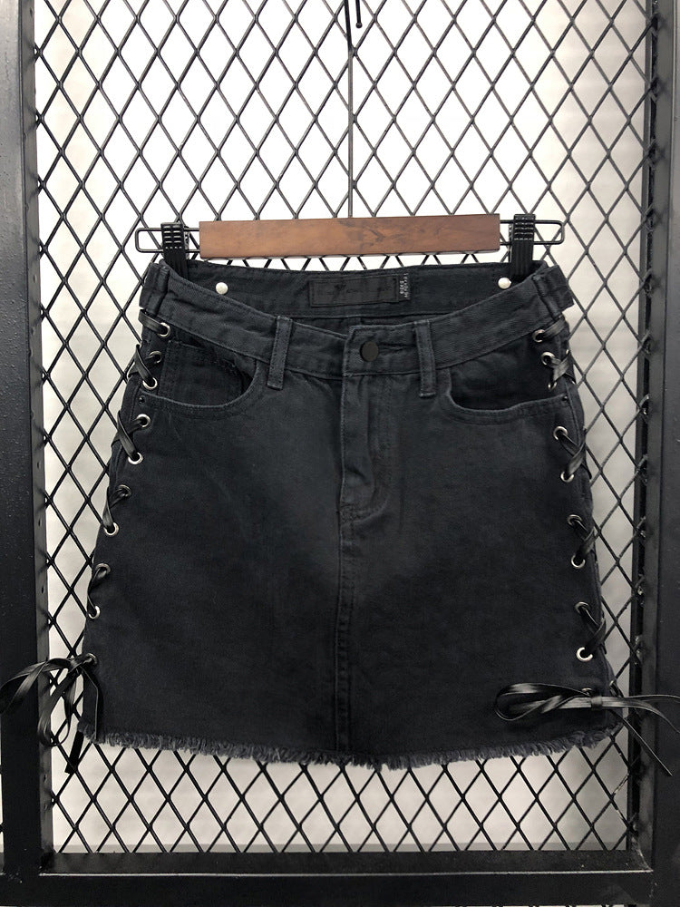 Jeansrock für Damen mit seitlichem Riemen und hoher TailleA-Linienrock 3718