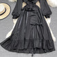 Bubble sleeve square neck dress waist strap black small foreign skirt  3789
