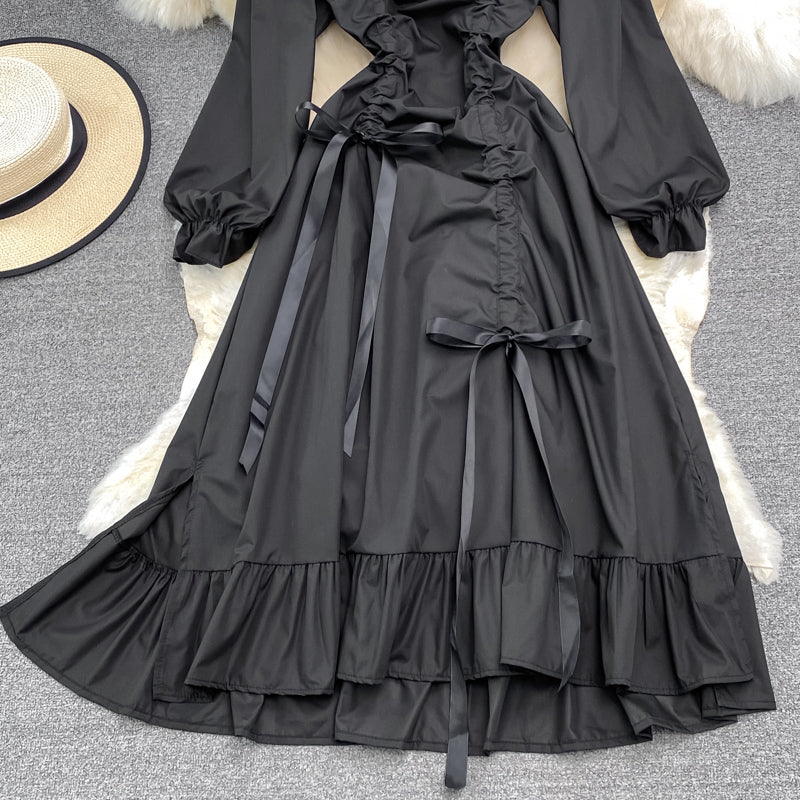 Bubble sleeve square neck dress waist strap black small foreign skirt  3789