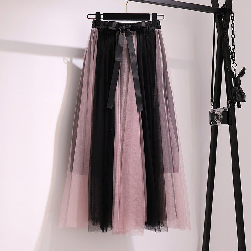 patchwork belt large drape feeling gauze skirt  3684