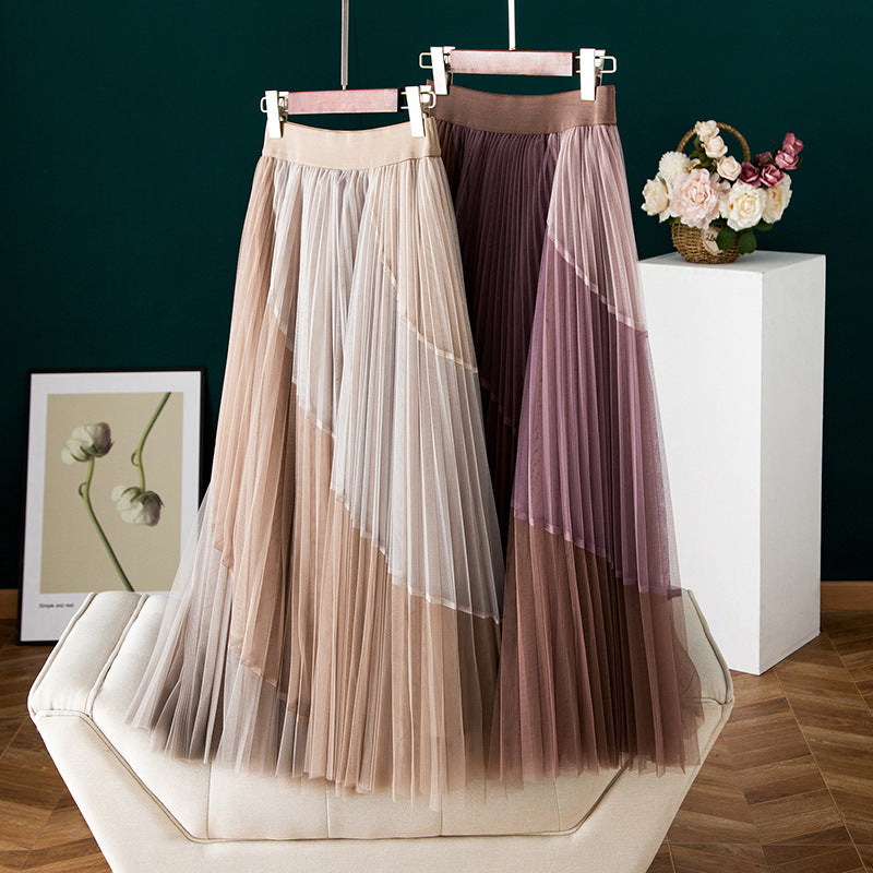 New color mesh gauze skirt, matching color splicing pleated skirt  3702
