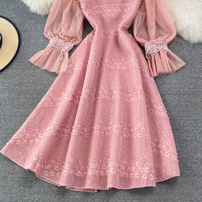 Chiffon stitched crew neck hollowed out embroidery lace dress  3776