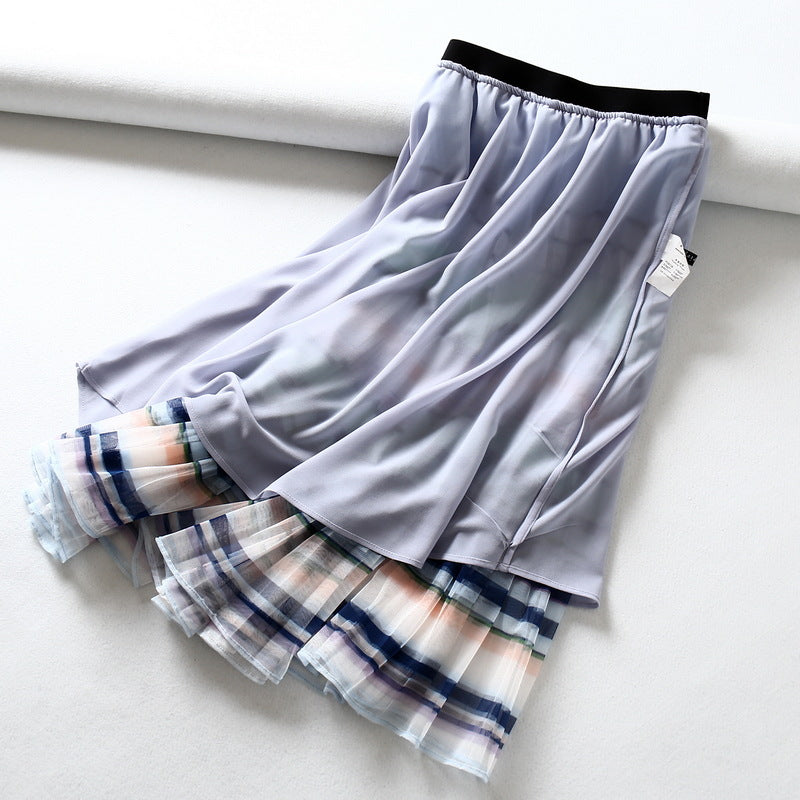 Neuer Großhandels-Regenbogenstreifen-Mesh-Plissee-Halbrock mit hoher Taille für Damen 3721