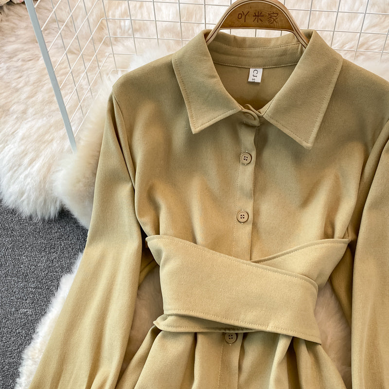 Corduroy bandage single breasted shirt skirt  3762