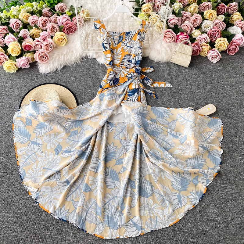 Ruffle lace up suspender Dress Chiffon Floral Dress  3790