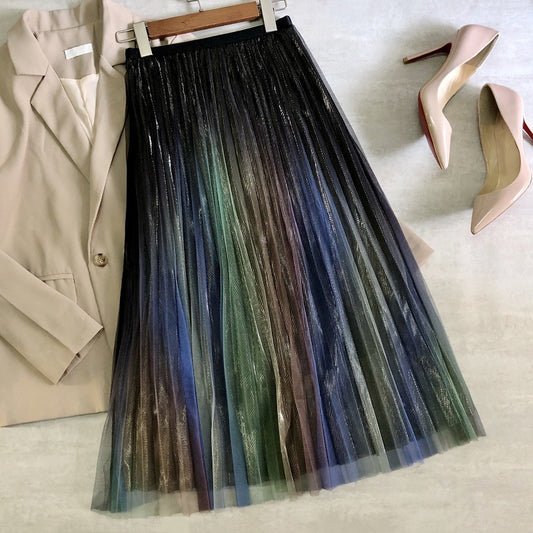 Spring and summer new style, bright silk skirt, rainbow gradient net gauze skirt  3707