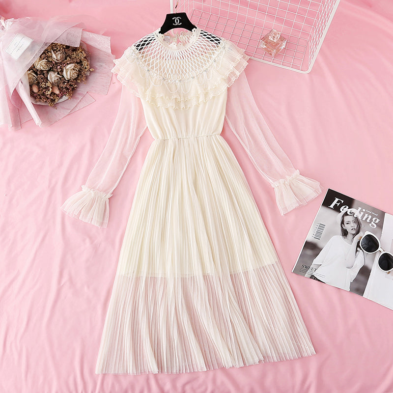 Ruffle pleated French super xiansen mesh dress  3806
