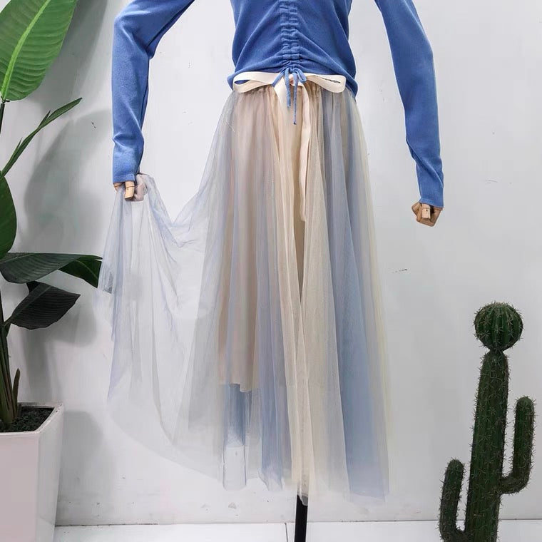 Super fairy, bow tie, high waist slim mesh bouffant skirt, color matching medium length skirt  3601