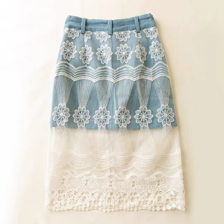 Summer style, literature and art, fashion, small fresh denim skirt, lace mesh splicing  3622