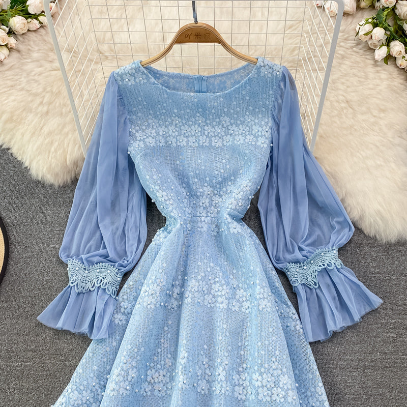 Chiffon stitched crew neck hollowed out embroidery lace dress  3776