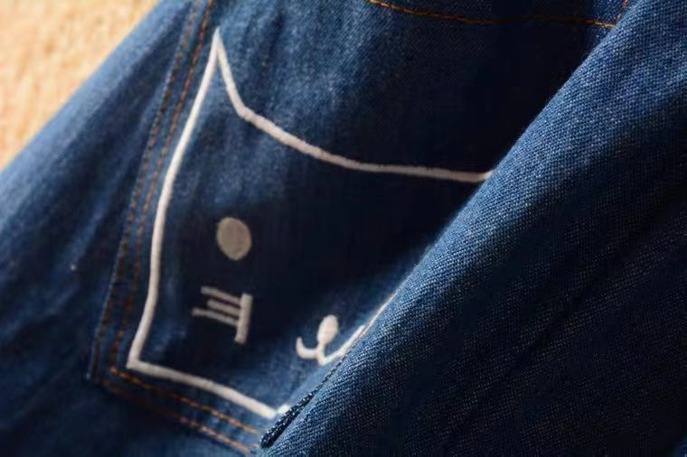 Frühling und Sommer, neu, Jeansrock, niedliche Katzenstickerei, mittellanger Rock mit hoher Taille und großem Schwung, Rock in A-Linie 3611