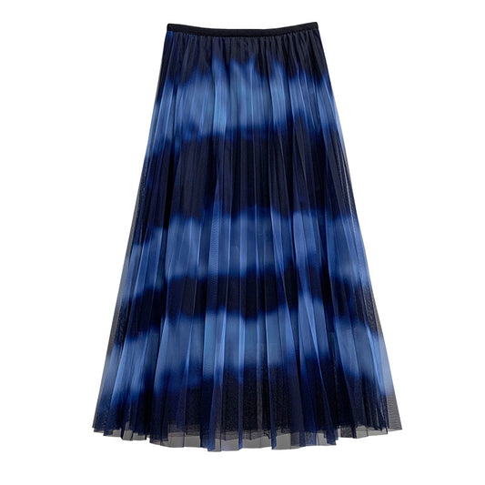 New gauze skirt, clash color stripes pleated skirt, midi vertical skirt with gradient color  3677