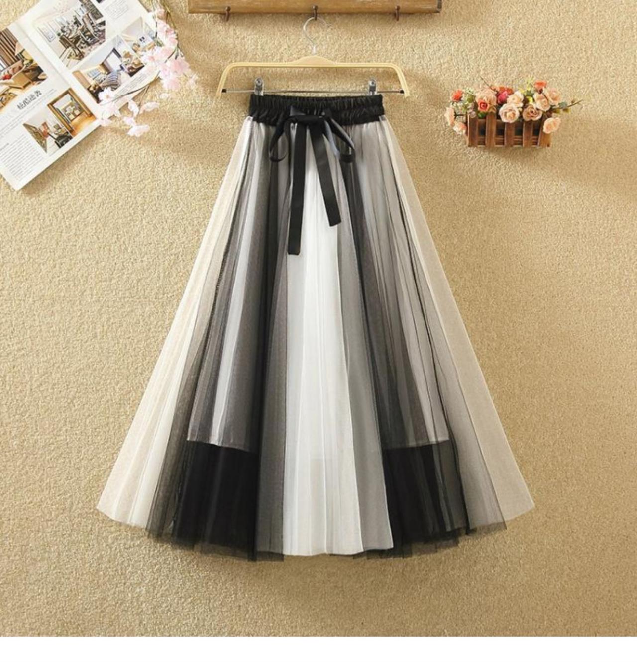 patchwork belt large drape feeling gauze skirt  3684
