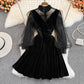Lantern Sleeve stitched lace golden velvet cheongsam dress  3786