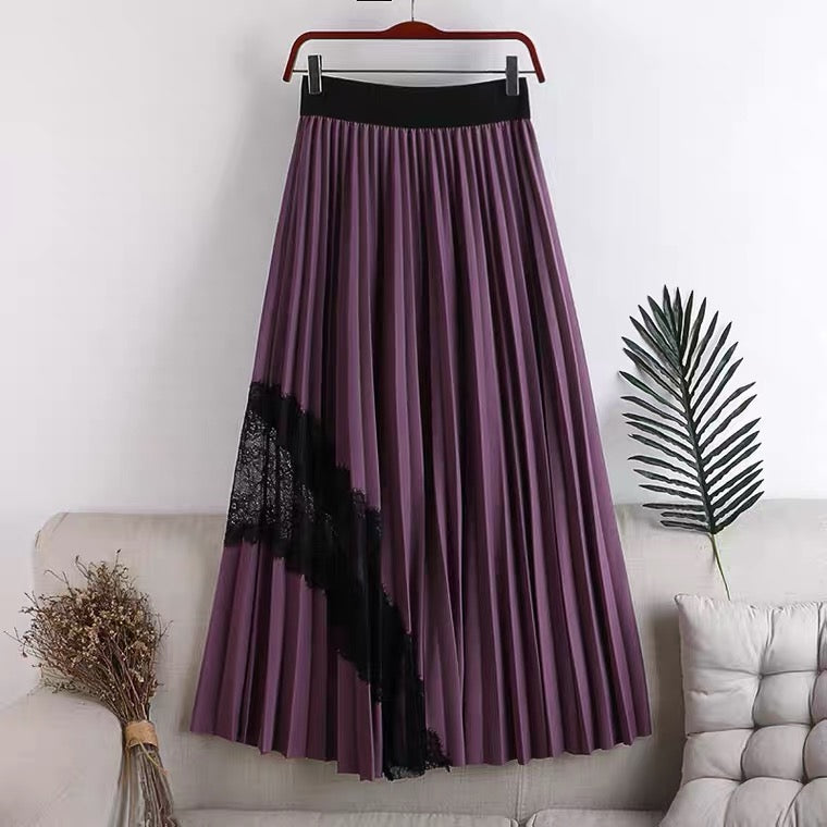 New style, high waist, large swing, elastic waist, pleated spliced lace mid-length skirt  3624