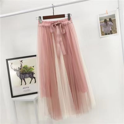patchwork belt large drape feeling gauze skirt  3684