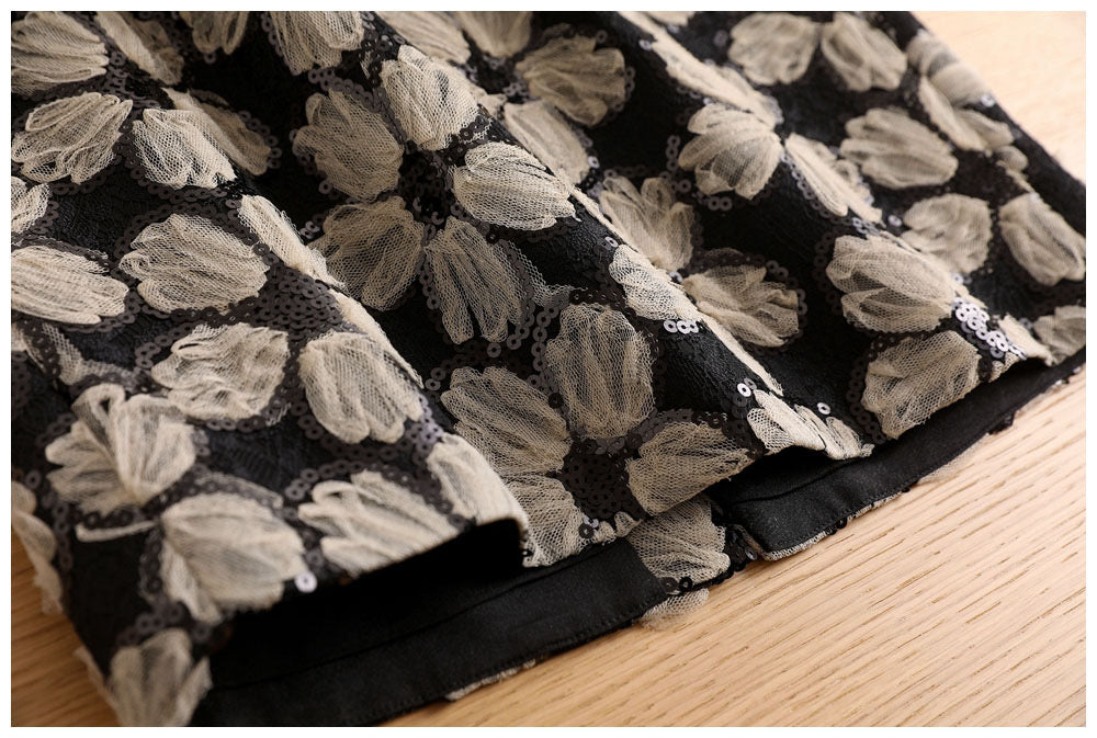 Mesh lace flower sequin skirt, elegant temperament skirt  3642