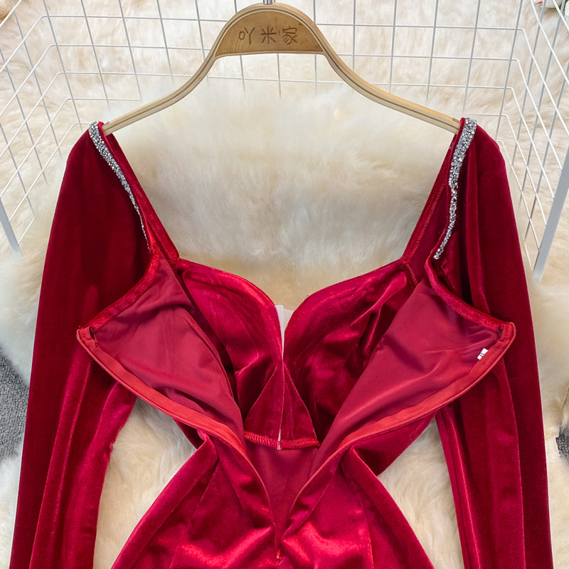 Samt mit Diamant-Temperament, schmaler Taille, sexy Hüftwickelkleid 3750