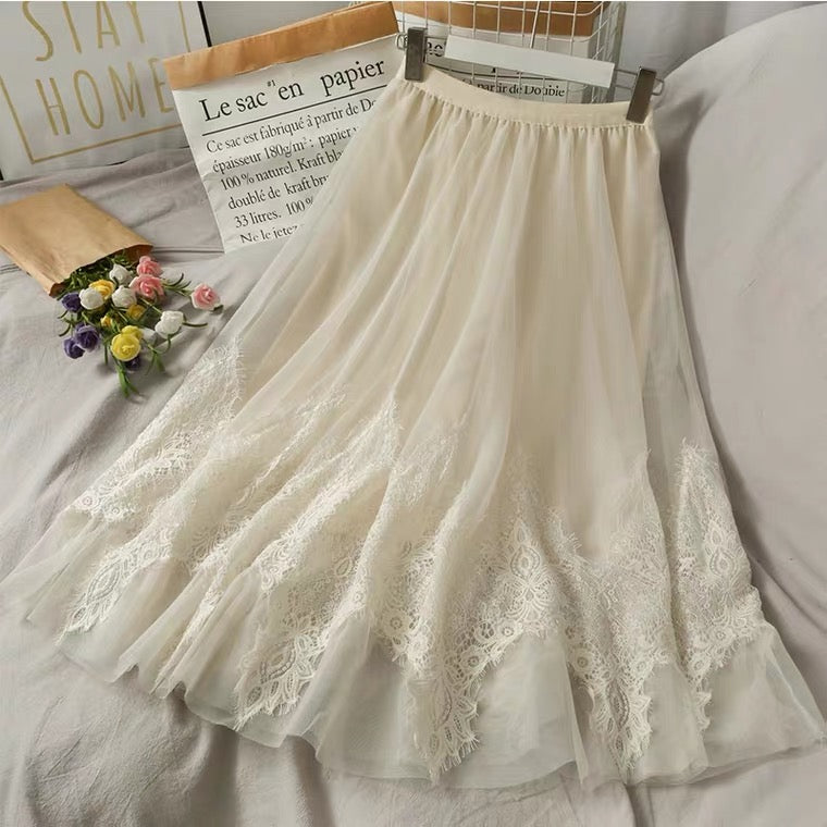 Sweet wind, embroidered medium length, high waist lace skirt  3617