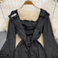 Bubble sleeve square neck dress waist strap black small foreign skirt  3789