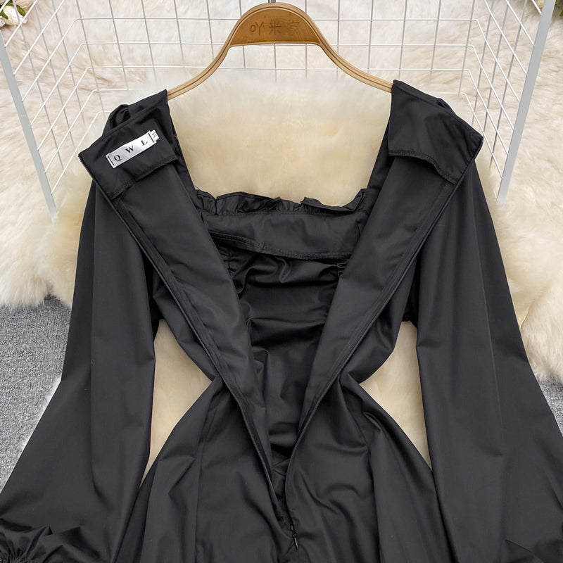 Bubble sleeve square neck dress waist strap black small foreign skirt  3789