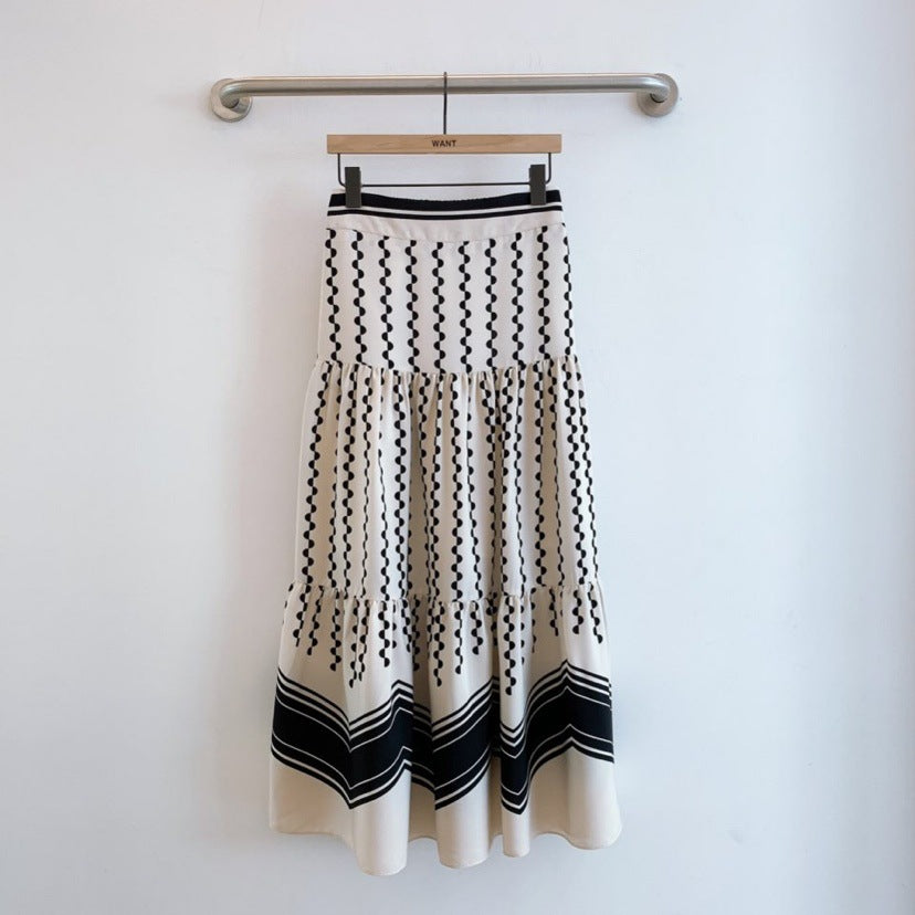 New skirt, stitching retro polka-dot print skirt, wavy pattern high waist long cake skirt  3678