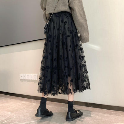 New skirt, flocking flower embroidered mesh gauze skirt  3697