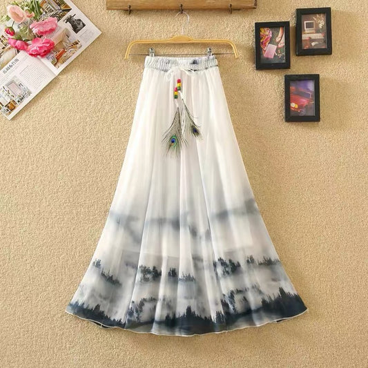 Summer, Bohemian midi skirts, chiffon skirts, vintage printed, elastic-waisted dresses  3636