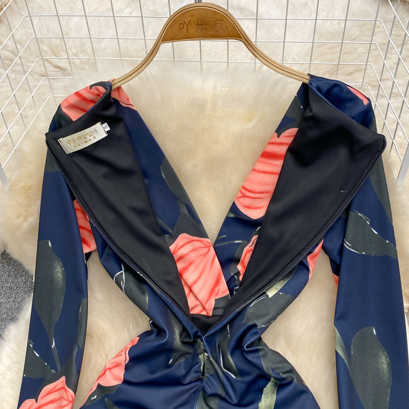 Sexy Taillenverschluss mit V-Ausschnitt und offener Hüfte Wickelkleid mit langen Ärmeln 3787
