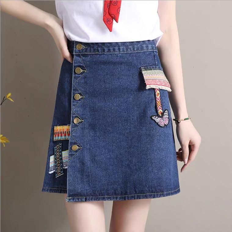 Denim-skirt A-line skirt, new style, high waist skirt, vintage embroidery skirt  3607