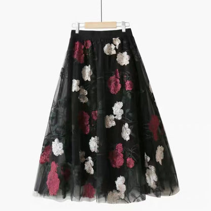 Gestickte große Blumen, stylischer, süßer Mesh-Midi-Feenrock 3632