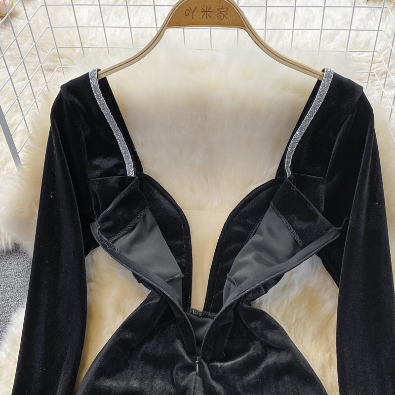 V-neck velvet with diamond waist slim sexy hip wrap dress  3742