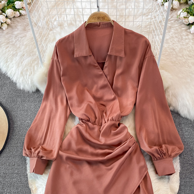 Lapel waistband slim pleated buttock bottomed dress  3752