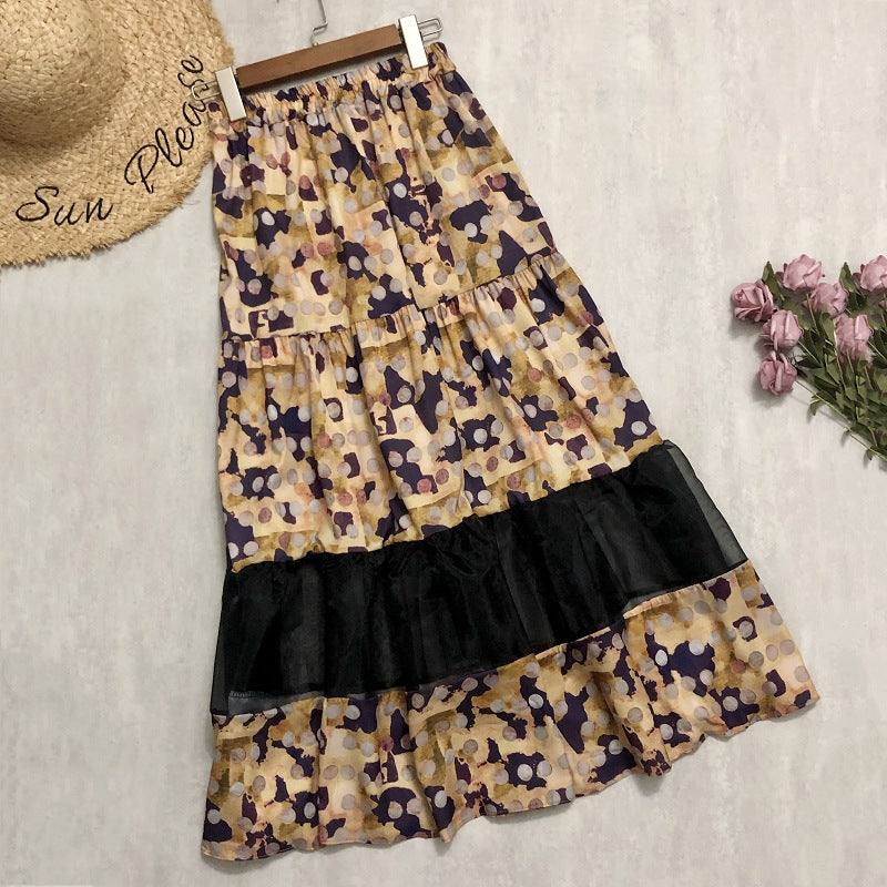 polka dot print splicing mesh drape feeling gauze skirt  3688