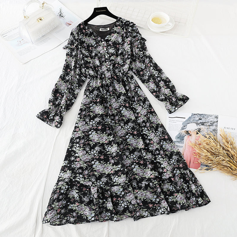 French retro knee Chiffon Long Sleeve Dress  3833