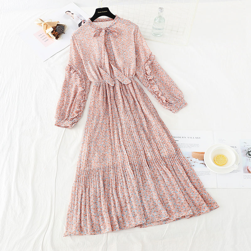 Bow tie Floral Chiffon slim dress  3886
