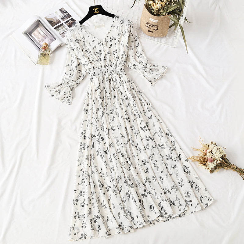 Chiffon-Kleid mit Blumenmuster, französische Minderheit, Retro-Rock, schmale Taille 4475