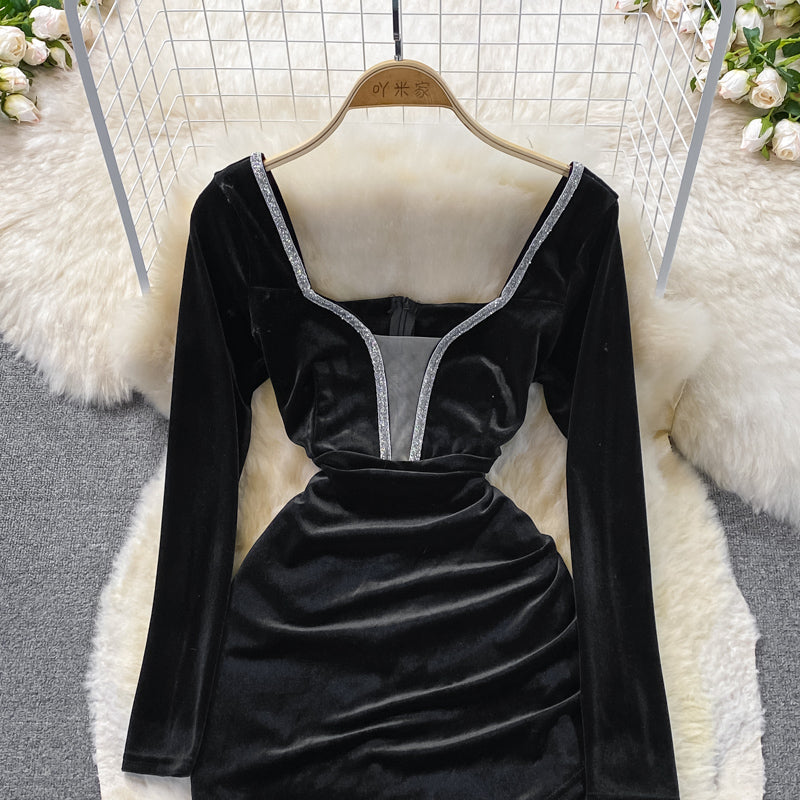 V-neck velvet with diamond waist slim sexy hip wrap dress  3742