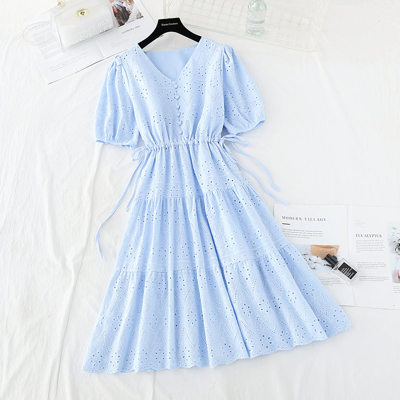 Hook embroidery French retro waist closing long skirt with thin temperament  4221