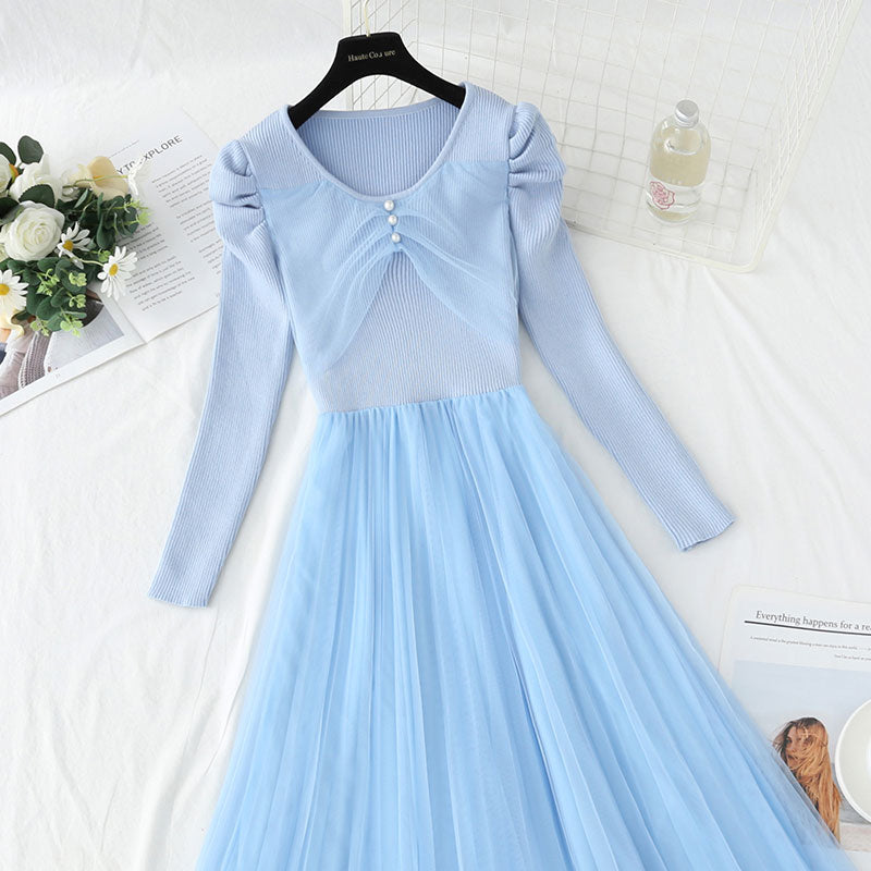Mesh stitched knitted dress temperament long skirt  4416