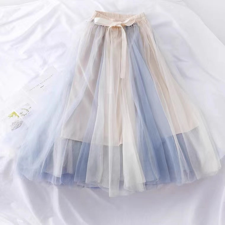 Super fairy, bow tie, high waist slim mesh bouffant skirt, color matching medium length skirt  3601