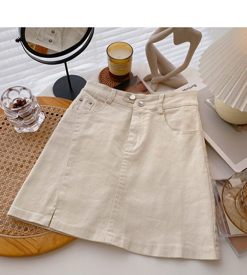 Niche design split A-line solid color high waist thin skirt  5303