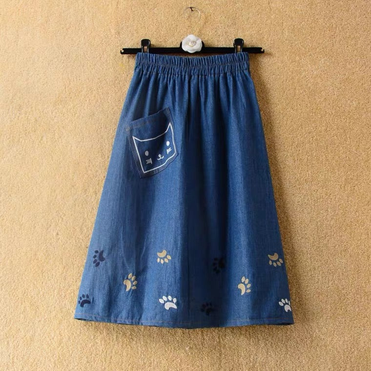 Frühling und Sommer, neu, Jeansrock, niedliche Katzenstickerei, mittellanger Rock mit hoher Taille und großem Schwung, Rock in A-Linie 3611