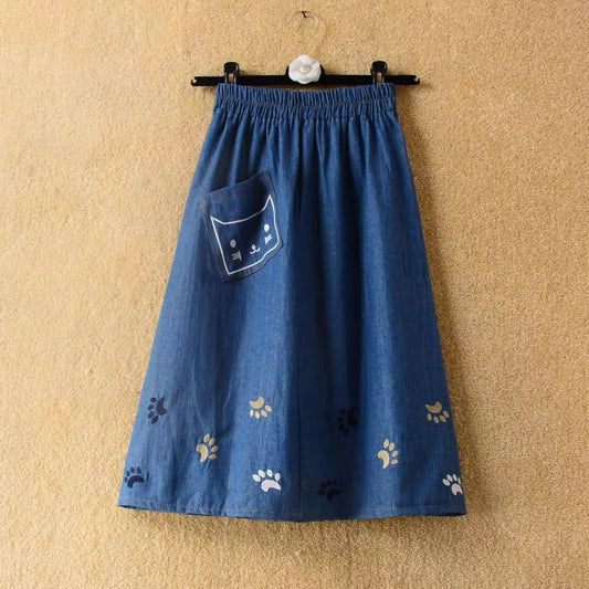 Spring and summer, new ,denim skirt, cute cat embroidery, high waist big swing mid-length skirt, A-line skirt  3611