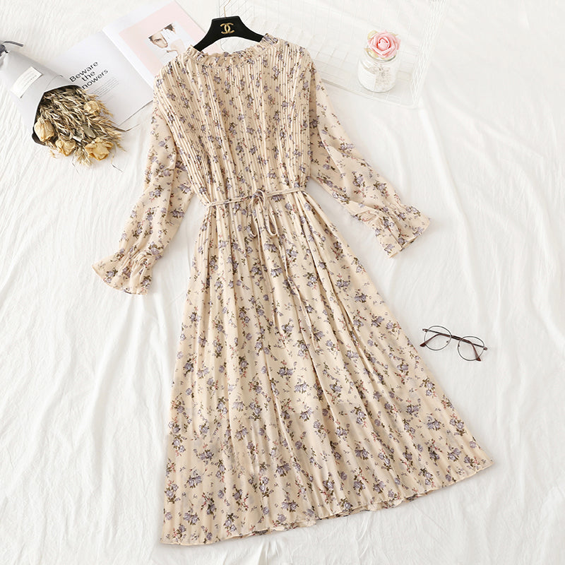 Gentle wind French retro wave point chiffon dress women  3986