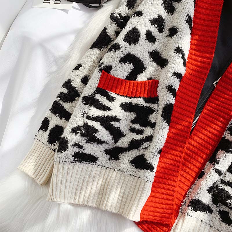 Leopard print foreign style knitted cardigan piecing European goods  5105
