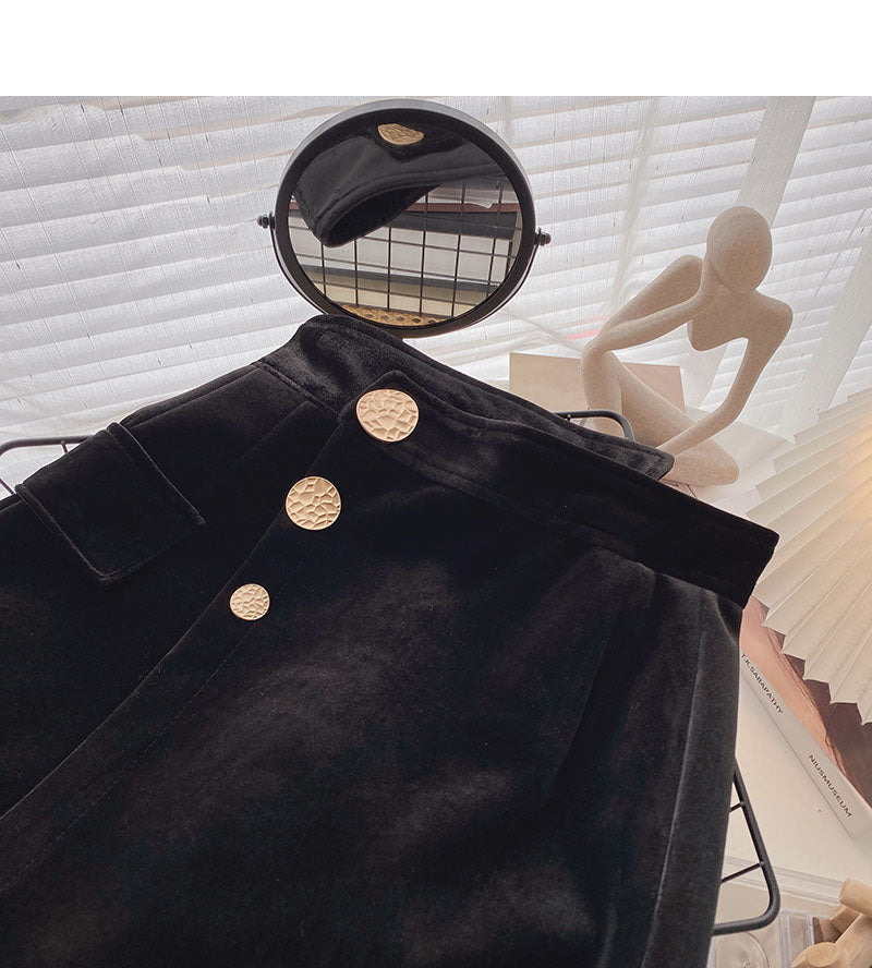 Golden velvet skirt irregular personality button high waist  5361